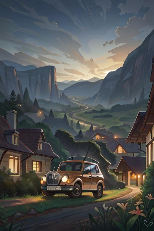 00642-927237488-a Luxury SUV in The Timeless Valley landscape at Evening, whimsical.png